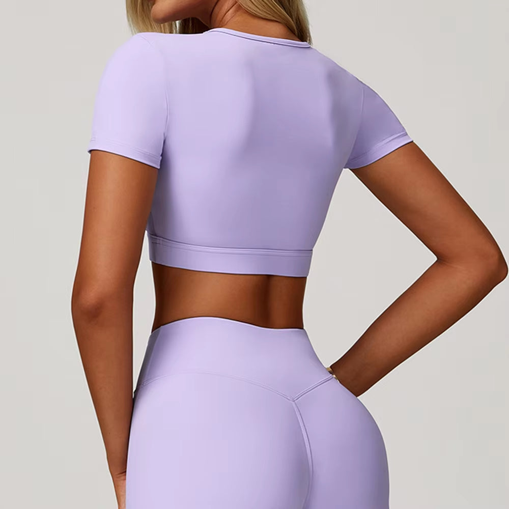 Women Pilates Training Fitness Suit Chest Cushion Yoga Suit Hollow Out Top Quick Drying Sports Short Sleeved Breathable T-Shirt