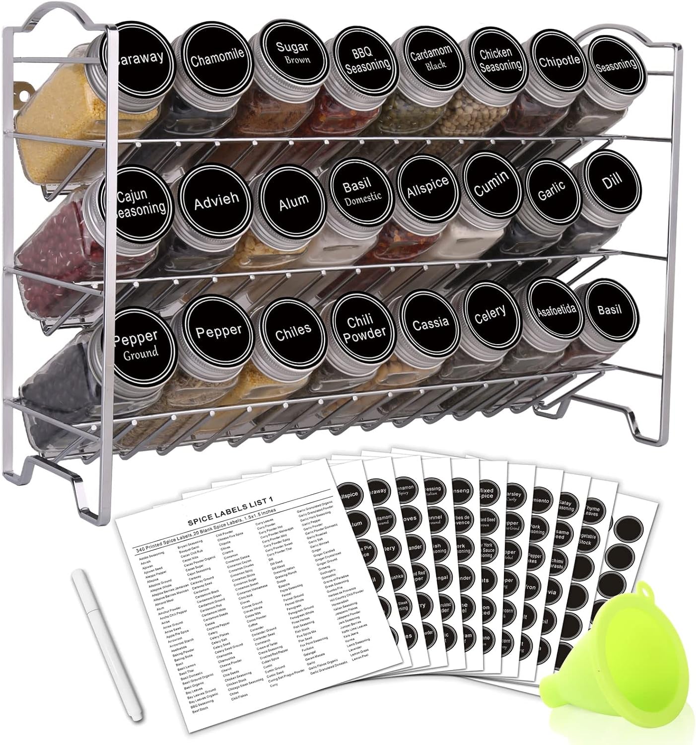 3-Tier Spice Rack Organizer with 24 Glass Jars & 396 Labels