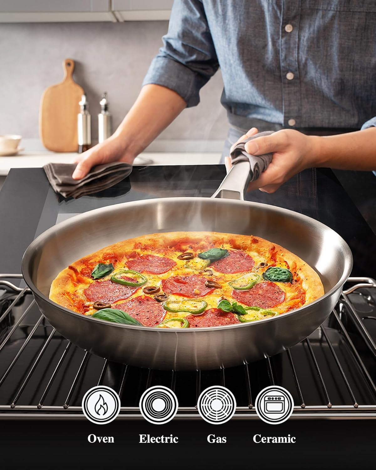 12 Inch Tri-Ply Stainless Steel Frying Pan with Lid, Dishwasher and Oven Safe, Works on Induction, Ceramic and Gas Cooktops