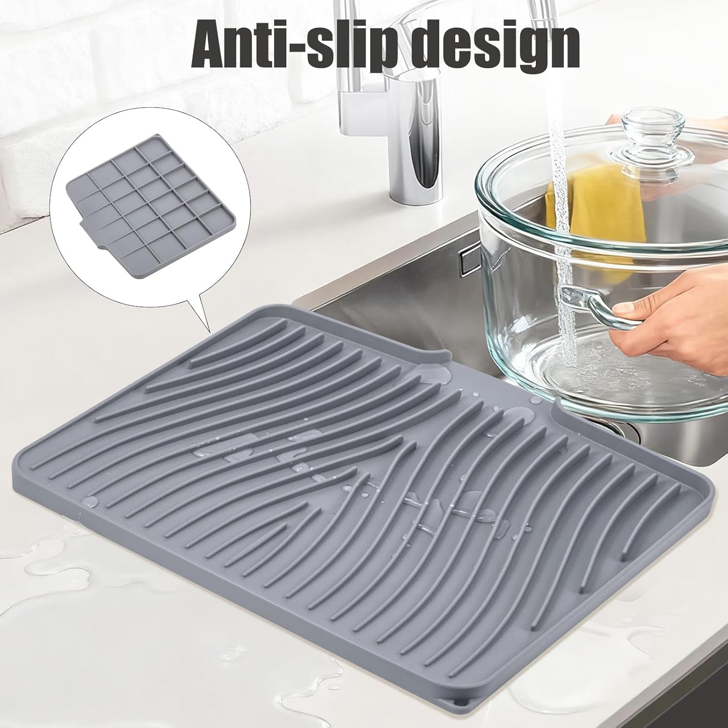 Silicone Dish Drying Mat for Kitchen Counter, Dish Drying Pad, Non-Slip Drain Pad with Built-In Drain, Heat Resistant Stone Drying Mat(15.8" X 13", Grey)