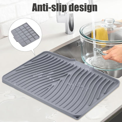Silicone Dish Drying Mat for Kitchen Counter, Dish Drying Pad, Non-Slip Drain Pad with Built-In Drain, Heat Resistant Stone Drying Mat(15.8" X 13", Grey)