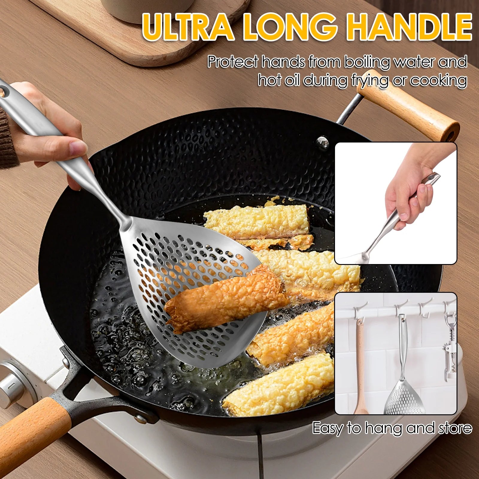 Extra Large Slotted Stainless Steel Skimmer with Long Handle for Kitchen Frying Cooking Draining