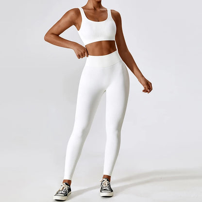 Ribbed Women Sets Fitness Suit Seamless Sportswear Sexy Gym Clothing Stripe Legging Long Sleeve Sport Outfits Woman Tracksuit