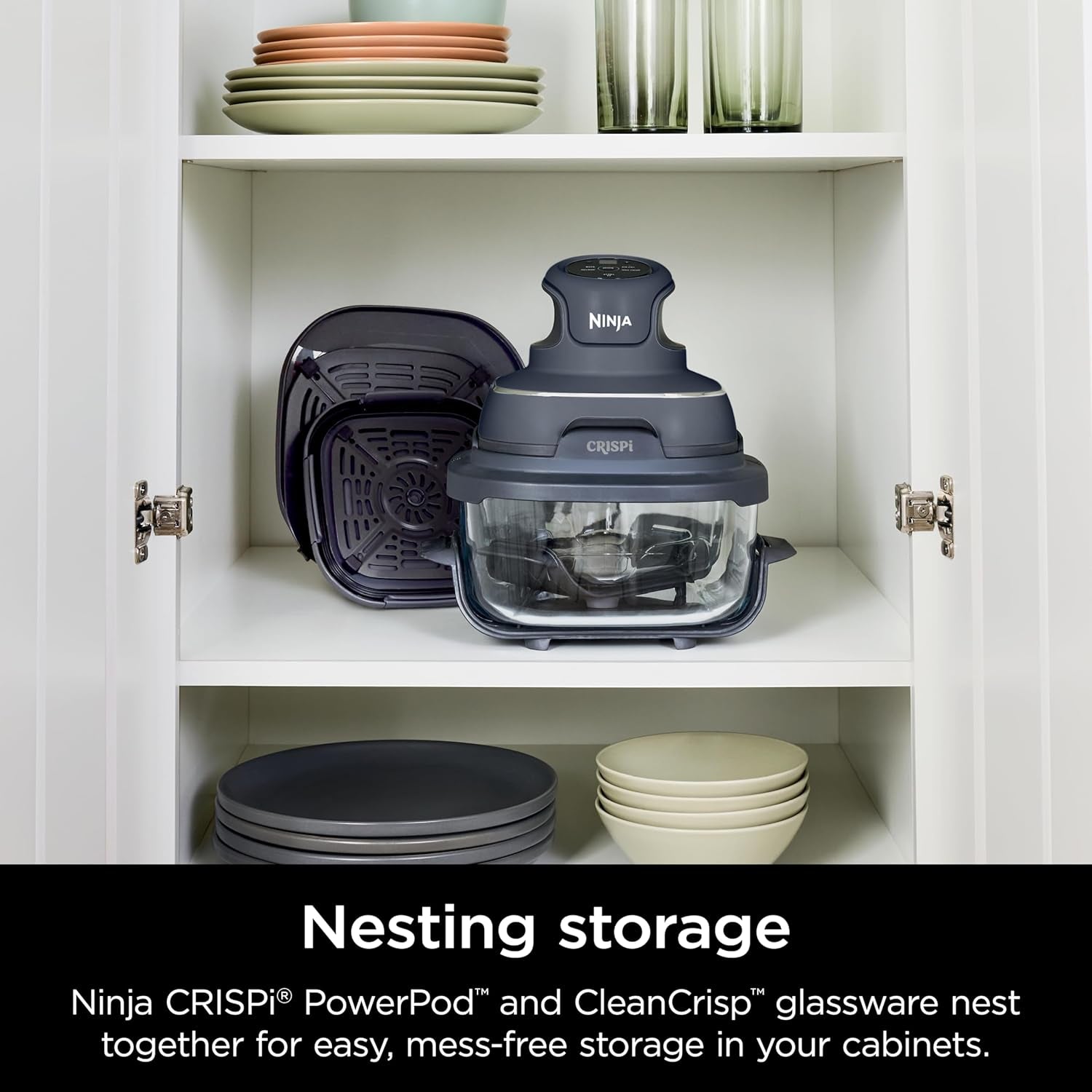 4-In-1 Portable Glass Air Fryer Cooking System, 1500W, 4QT & 6-Cup Tempware Glass Containers with Storage Lids, Microwave, Freezer & Dishwasher Safe, Cyberspace Gray
