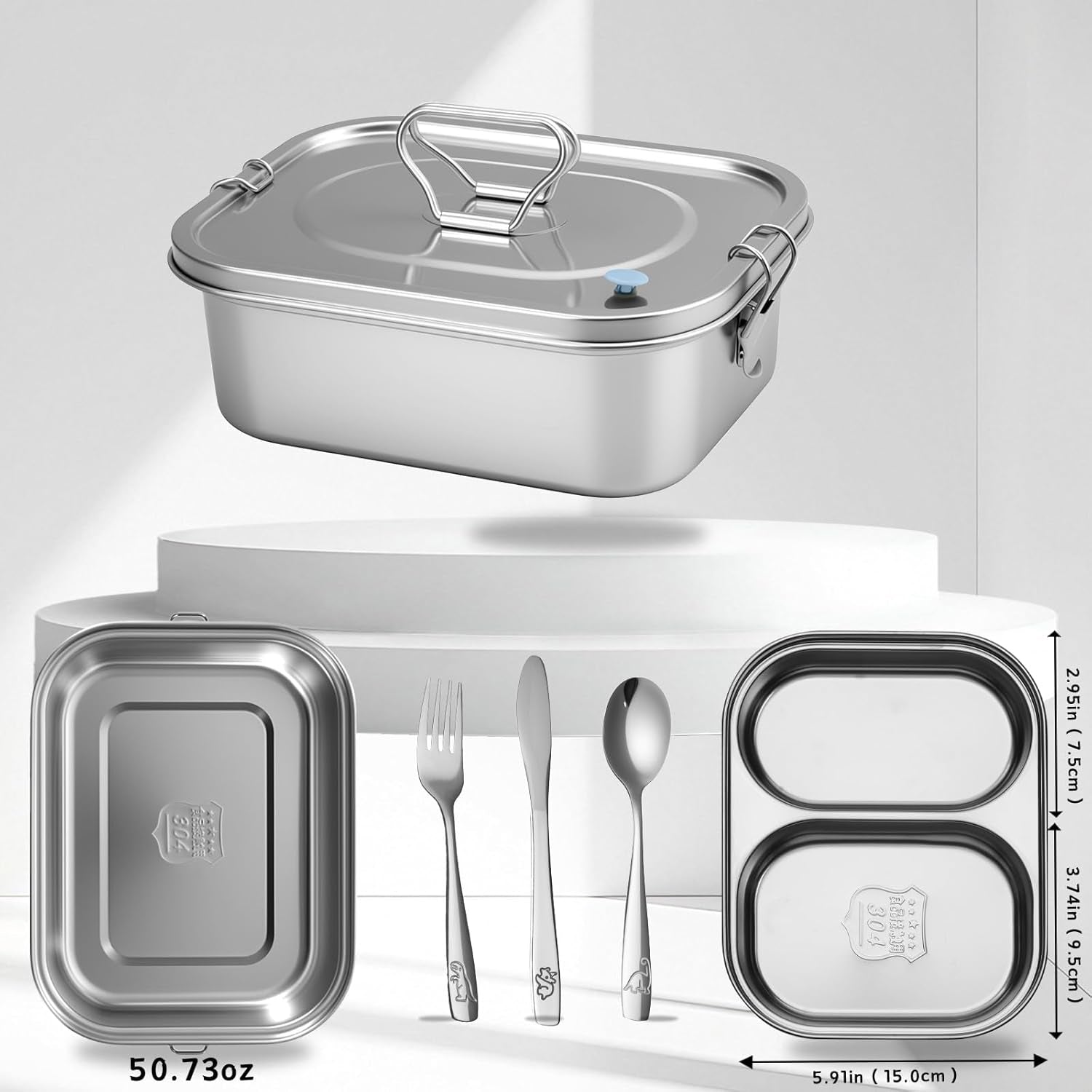 1500ML 2-Compartment Tray Stainless Steel Bento Box Leakproof with Airtight Valve Handle, Including Utensil Set (Fork/Knife/Chopsticks) 