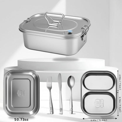 1500ML 2-Compartment Tray Stainless Steel Bento Box Leakproof with Airtight Valve Handle, Including Utensil Set (Fork/Knife/Chopsticks) 