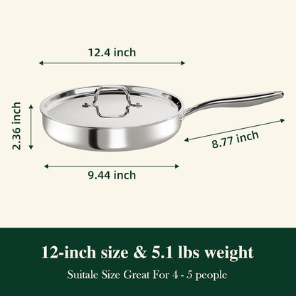 12 Inch Tri-Ply Stainless Steel Frying Pan with Lid, Induction Cooking Pans, Dishwasher & Oven Broiler Safe 600F