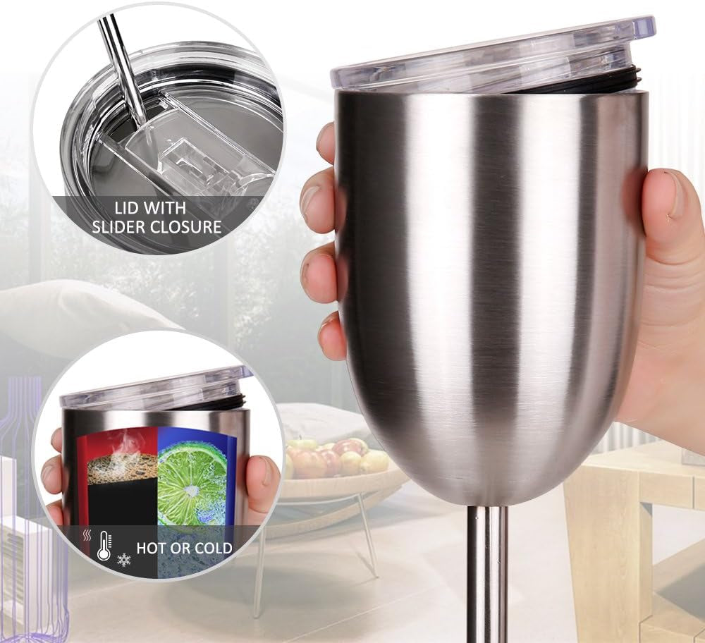 10 oz.  Stainless Steel Wine Glasses Double Walled Vacuum Insulated Wine Tumbler Cups with Lid and Straw - (2 Pack)
