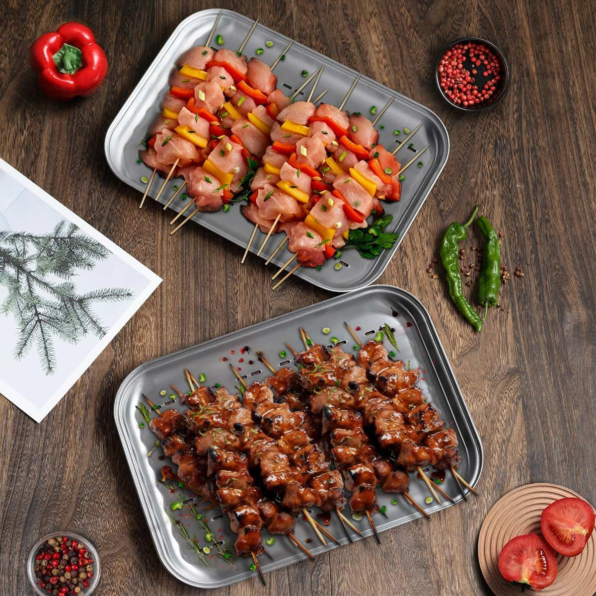 13.6”X9.65“ Stainless Steel Grill Toppers Grid (Set of 3), Grill Serving Pans, Roasting Grill Trays, All in Same Dimensions, Dishwasher Safe