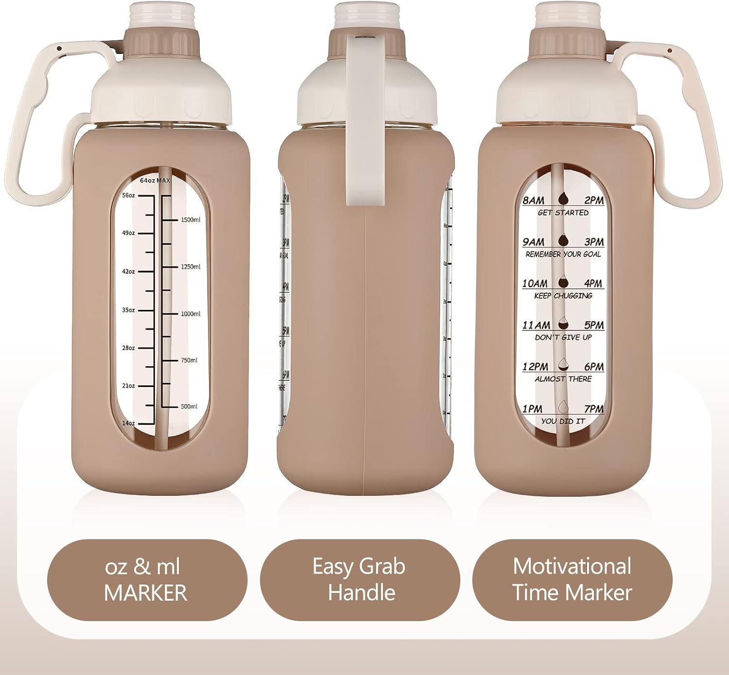 64Oz Glass Water Bottles with Straw, Half Gallon Water Jug with Time Marker, Amber