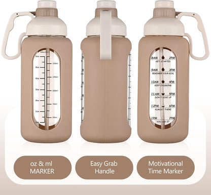 64Oz Glass Water Bottles with Straw, Half Gallon Water Jug with Time Marker, Amber