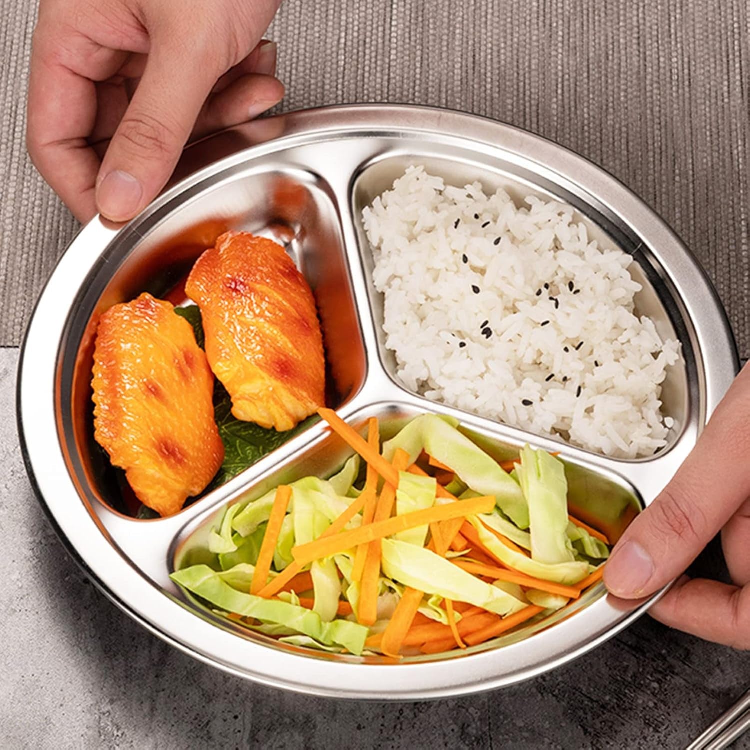 4 Pack Stainless Steel round Divided Plates, 9.5 Inch Dinner Snack Plates with 3 Compartment