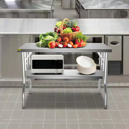 Commercial Worktable Workstation 48 X 30 In. Double-Shelf Folding Stainless Steel Kitchen Utility Table