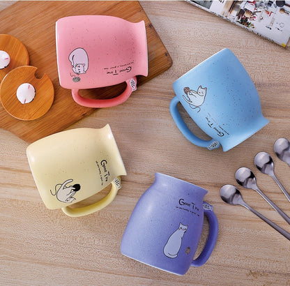 450ml Cartoon Cat Ceramic Mug with Lid & Spoon – Coffee, Tea, Breakfast Cup