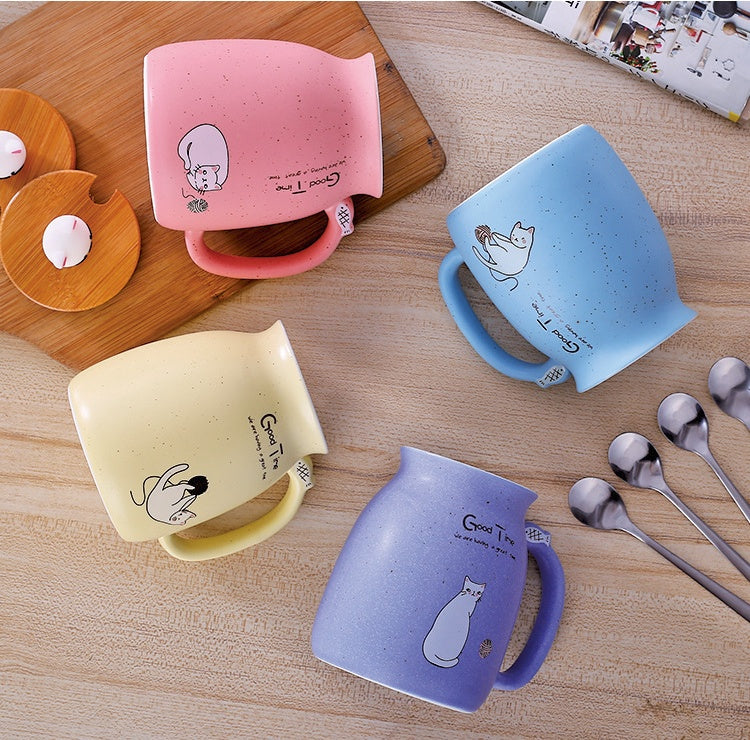450ml Cartoon Cat Ceramic Mug with Lid & Spoon – Coffee, Tea, Breakfast Cup
