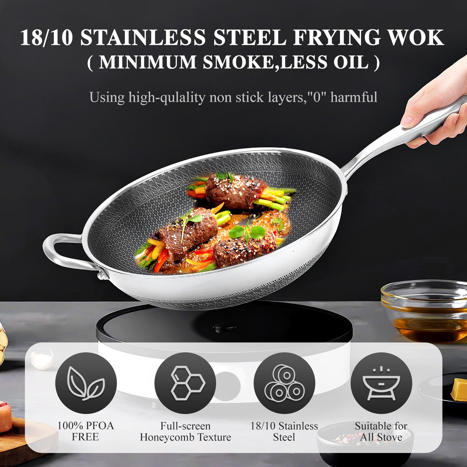 13" Large Honeycomb Wok Stainless Steel Nonstick Frying Pan Induction Cookware