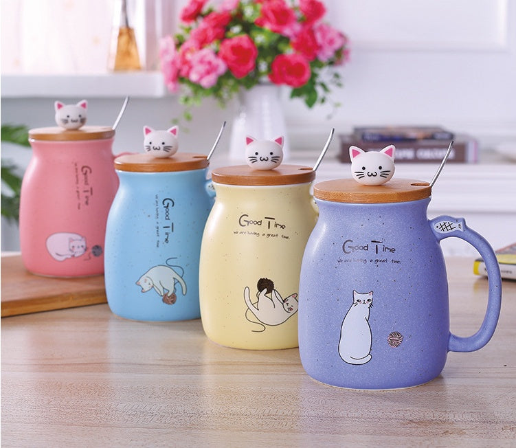 450ml Cartoon Cat Ceramic Mug with Lid & Spoon – Coffee, Tea, Breakfast Cup