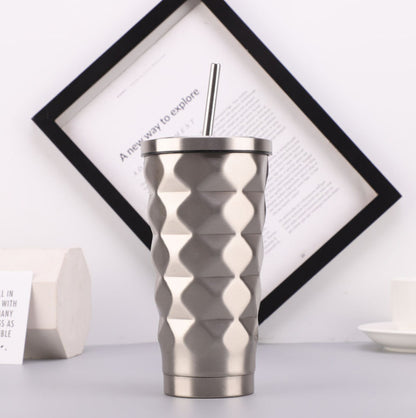 Elegant Diamond Pattern Stainless Steel Thermos with Straw