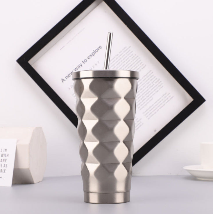 Elegant Diamond Pattern Stainless Steel Thermos with Straw