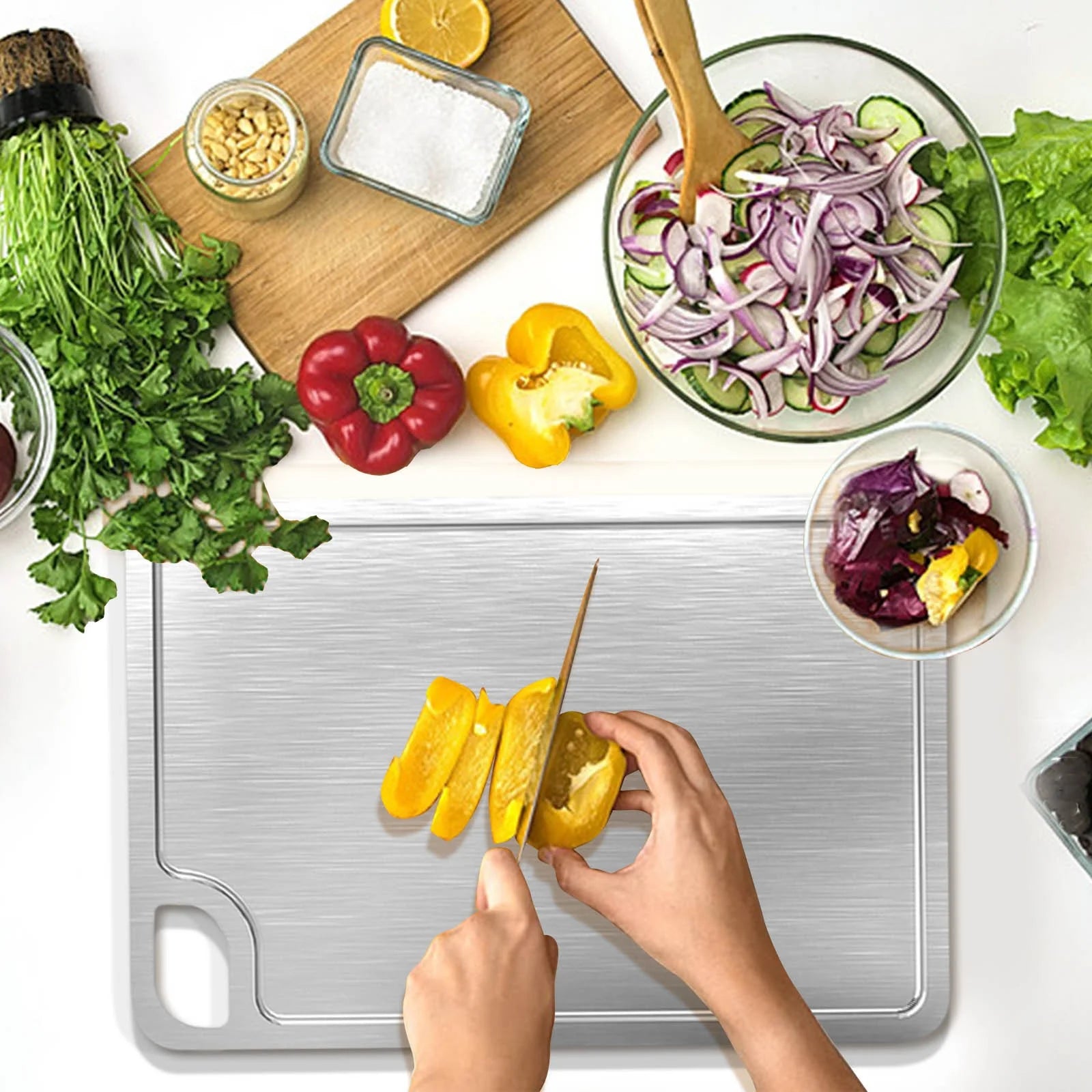 Stainless Steel Double-Sided Chopping Board with Grooves, Non-Stick and Easy Clean 