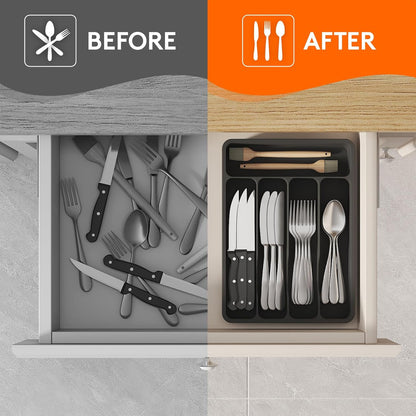 5 Compartment Plastic Cutlery Storage for Kitchen Drawer, Flatware and Utensil Holder Divider for Spoons Forks Knives Tableware, Black
