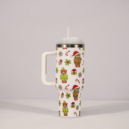 Christmas Stainless Steel Tumbler with Handle, Lid & Straw