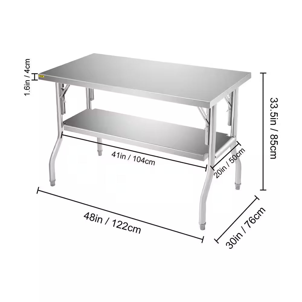 Commercial Worktable Workstation 48 X 30 In. Double-Shelf Folding Stainless Steel Kitchen Utility Table