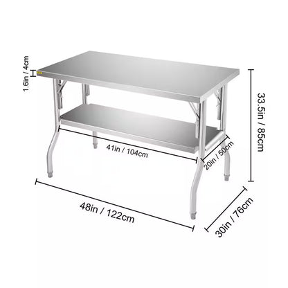 Commercial Worktable Workstation 48 X 30 In. Double-Shelf Folding Stainless Steel Kitchen Utility Table