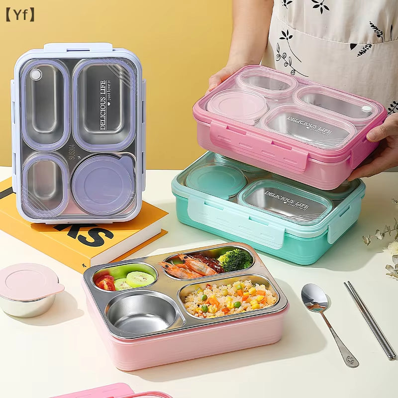 Square 4-Compartment Meal Box Large Capacity Stainless Steel Lunch Box with Soup Container for Students and Office Workers