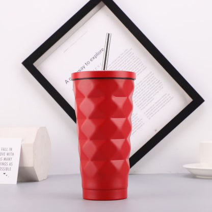Elegant Diamond Pattern Stainless Steel Thermos with Straw