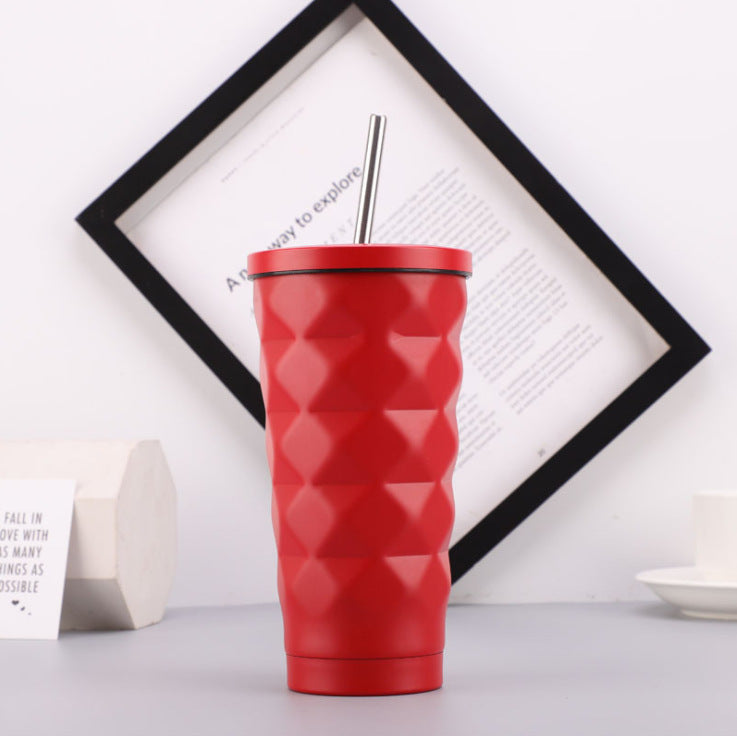Elegant Diamond Pattern Stainless Steel Thermos with Straw