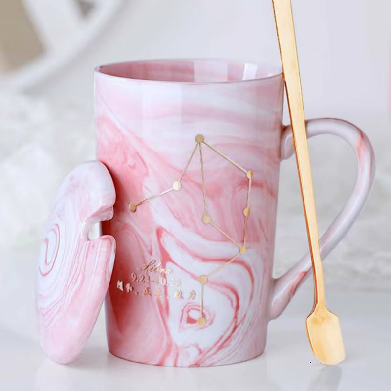 380ML  Natural Marble 12 Constellation Ceramic Pink Zodiac Mug with Lid