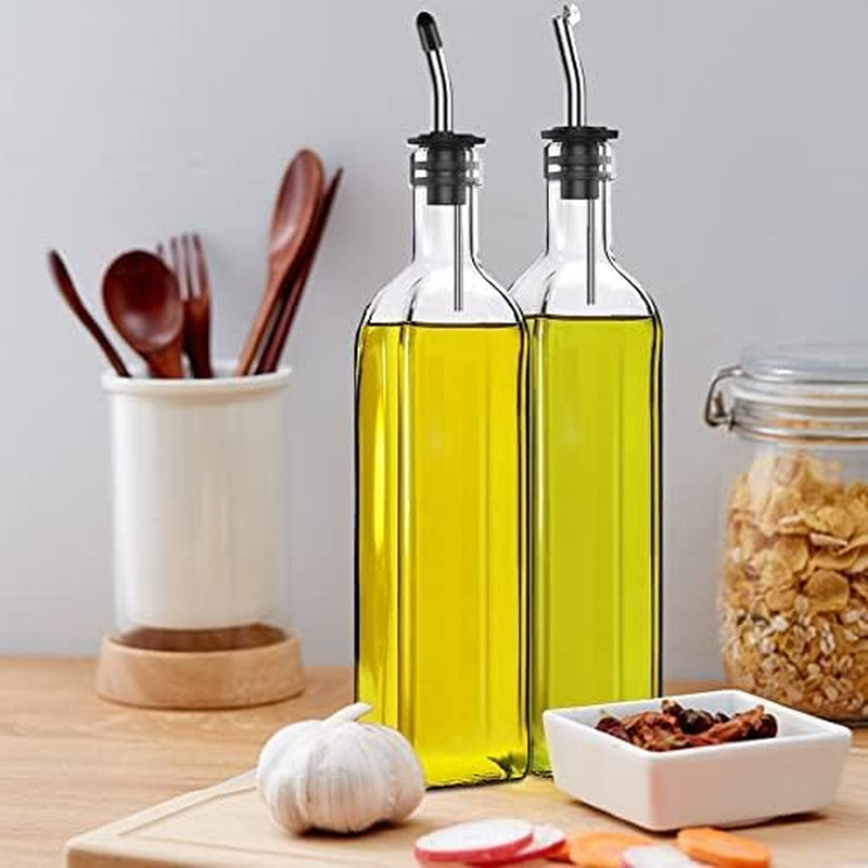 2 Pcs Glass Olive Oil Dispenser and Vinegar Dispenser Set with 2 Stainless Steel Pourers, 4 Labels,1 Brush and 1 Funnel Oil Bottles for Kitchen (500Ml)
