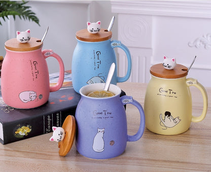 450ml Cartoon Cat Ceramic Mug with Lid & Spoon – Coffee, Tea, Breakfast Cup