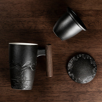 Hand-Crafted Nepal-Style Ceramic Mug with Wooden Handle and Lid
