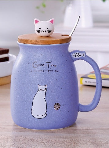 450ml Cartoon Cat Ceramic Mug with Lid & Spoon – Coffee, Tea, Breakfast Cup