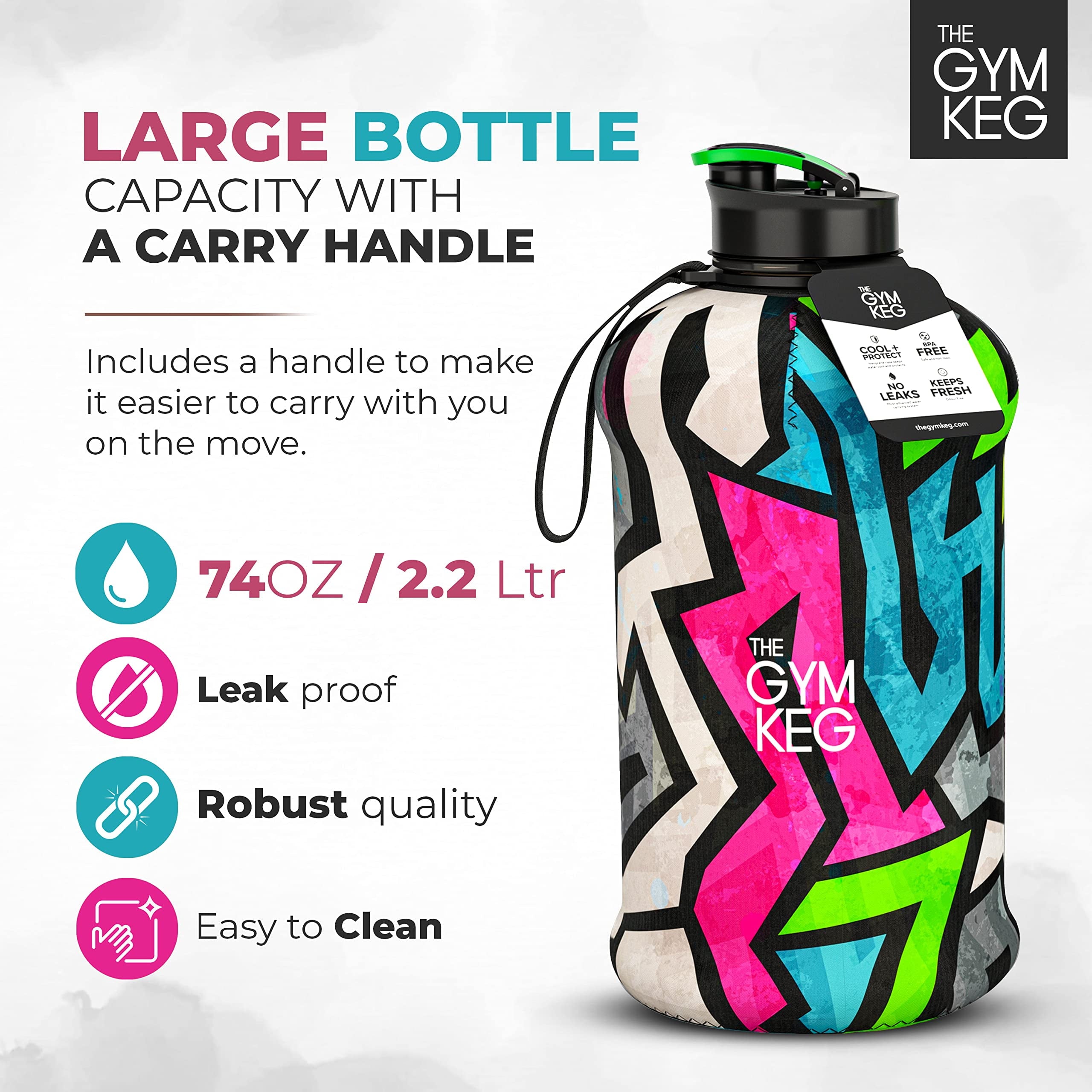  2.2 L Sports Water Bottle Insulated Half Gallon Carry Handle Big Water