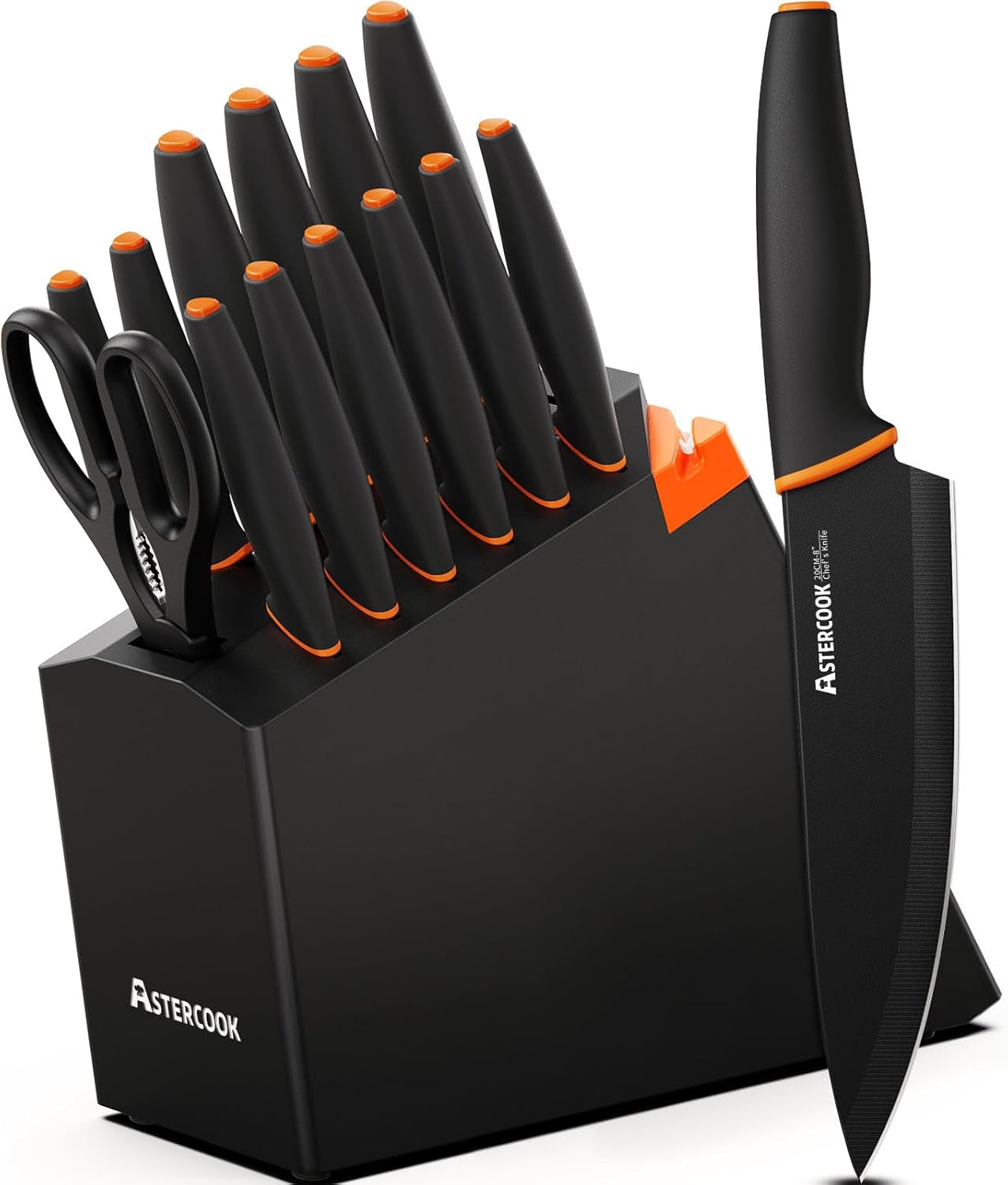 15 Pcs Dishwasher Safe Kitchen Knife Set with Built-In Sharpener, High Carbon German Stainless Steel Black Knife Block Set