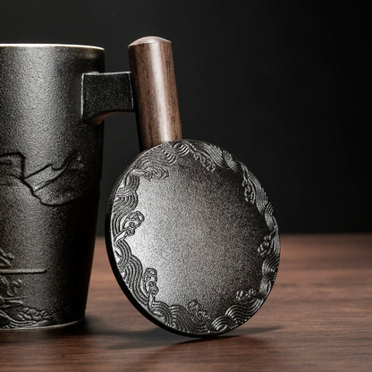 Hand-Crafted Nepal-Style Ceramic Mug with Wooden Handle and Lid