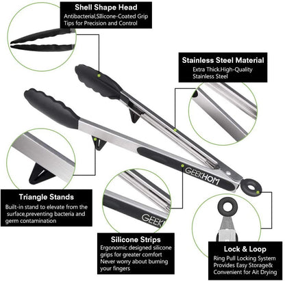 Household Silicone & Stainless Steel Food Tongs