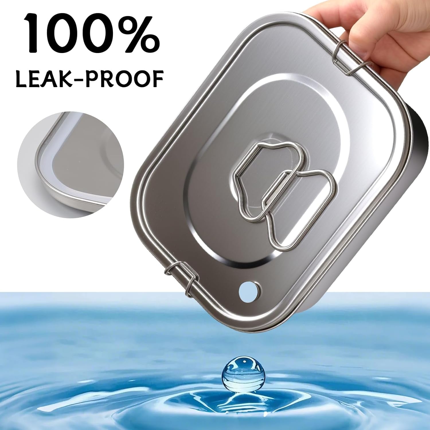 1500ML 2-Compartment Tray Stainless Steel Bento Box Leakproof with Airtight Valve Handle, Including Utensil Set (Fork/Knife/Chopsticks) 