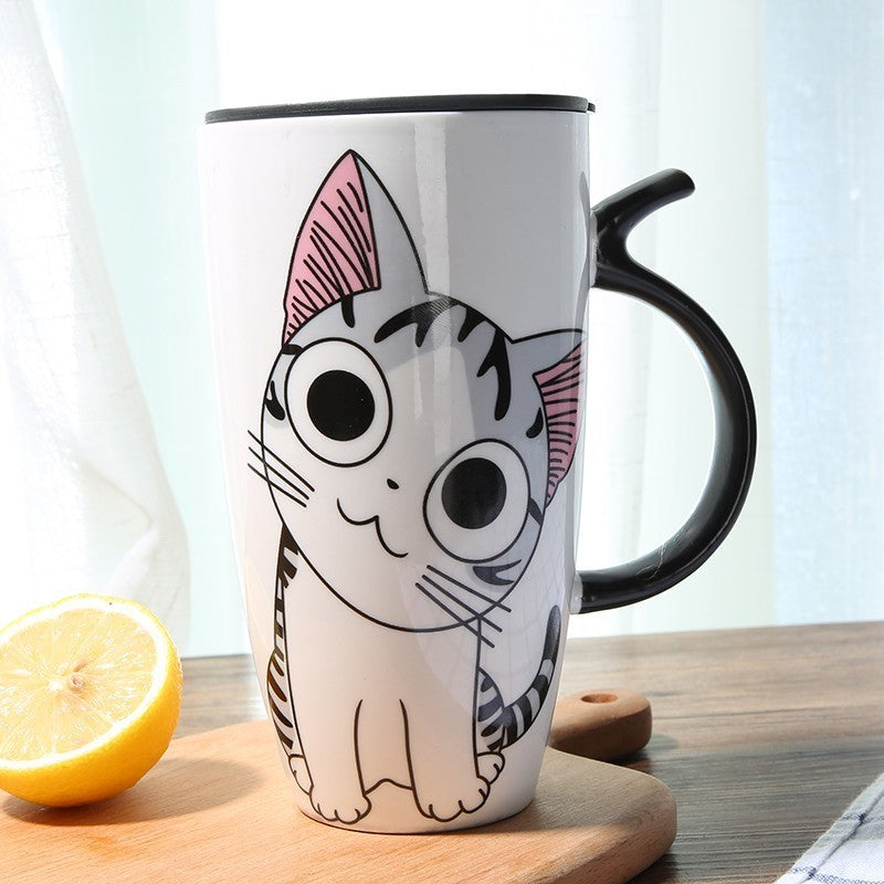 600ml Cute Cat Ceramic Mug with Lid – Large Capacity Coffee & Tea Cup