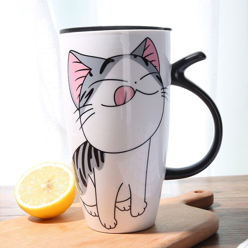 600ml Cute Cat Ceramic Mug with Lid – Large Capacity Coffee & Tea Cup