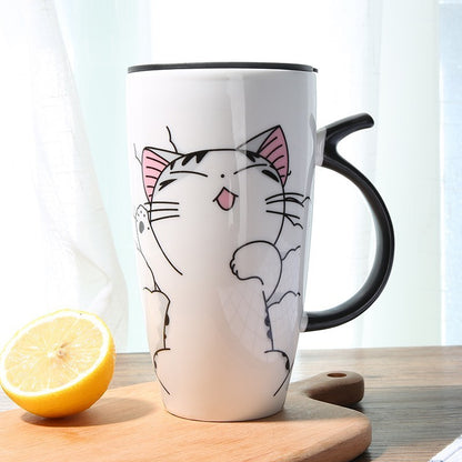 600ml Cute Cat Ceramic Mug with Lid – Large Capacity Coffee & Tea Cup
