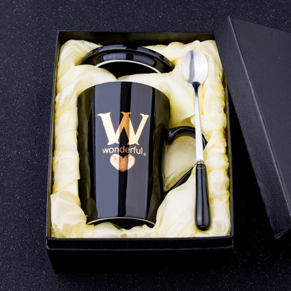 Elegant Black and Gold Ceramic Mug with Lid and Spoon