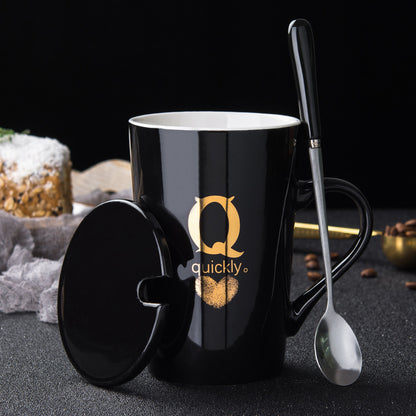 Elegant Black and Gold Ceramic Mug with Lid and Spoon