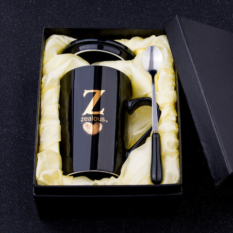 Elegant Black and Gold Ceramic Mug with Lid and Spoon
