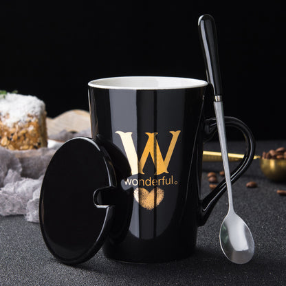 Elegant Black and Gold Ceramic Mug with Lid and Spoon