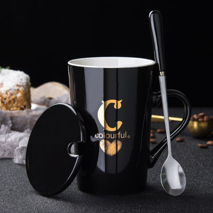 Elegant Black and Gold Ceramic Mug with Lid and Spoon