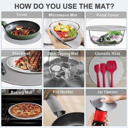 10 Inch Microwave Food Cover & Collapsible Silicone Mat - Splatter Guard, Plate Holder & Kitchen Colander for Meal Prep, Charcoal